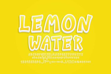 Limonlu su metni etiketi 3D çıkartma etkisi. Çizgi film yazı tipi sarı renk, sarı arkaplanda şeffaf gölge var.