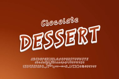 Tatlı çikolata 3d italik çizgi film yazı tipi kahverengi renkler. Vektör büyük ve küçük harfler, sayılar, semboller