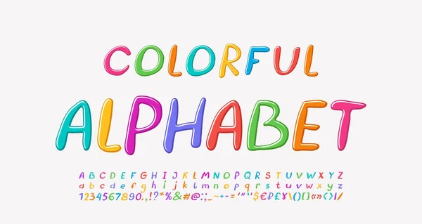 Fonte italique colorée lumineuse. Lettres et chiffres d'alphabet vectoriel dessinés à la main drôles — Image vectorielle