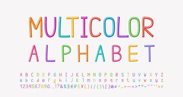 Lettres minces multicolores lumineuses, chiffres, signes. Fonte pour enfants linéaire dessinée à la main — Image vectorielle