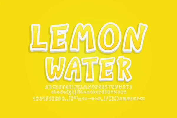Citromos víz szöveg címke 3d matrica hatása. Cartoon élelmiszer betűtípus sárga szín átlátszó árnyék sárga háttér — Stock Vector