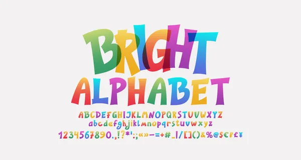 Карикатурный шрифт, яркие прозрачные алфавитные буквы и цифры. Смешной векторный многоцветный шрифт — стоковый вектор