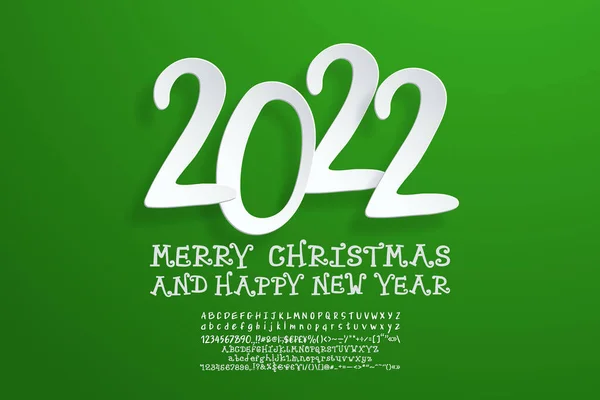 クリエイティブグリーンポスターメリークリスマスとハッピーニューイヤー。手書きのアルファベット文字現実的な紙のカットスタイル.面白い巻きフォントセット — ストックベクタ