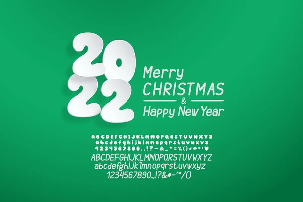 Moderner Flyer Merry Christmas and Happy New Year mit Blasenzahlen im Papierstil und dünnem kursivem Alphabet. Farbverlauf Hintergrund grüne Farbe. Originalschriften-Sets — Stockvektor