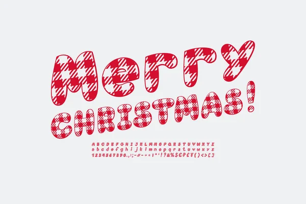 Creative banner Merry Christmas with red-white plaid ornament letters on white background. Modern Christmas font set — Stock Vector