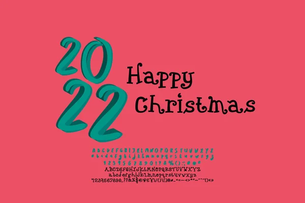 明るいポスターレトロスタイルハッピークリスマス。緑の数字と赤の背景に巻き文字黒の色。オリジナル手描きフォント — ストックベクタ