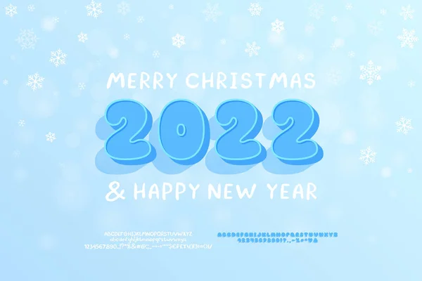 明るいポスターメリークリスマスとハッピーニューイヤー.3D漫画番号青の色と手書きのレタリング。雪片と水平ライトブルーの背景。2組の装飾フォントが含まれています — ストックベクタ