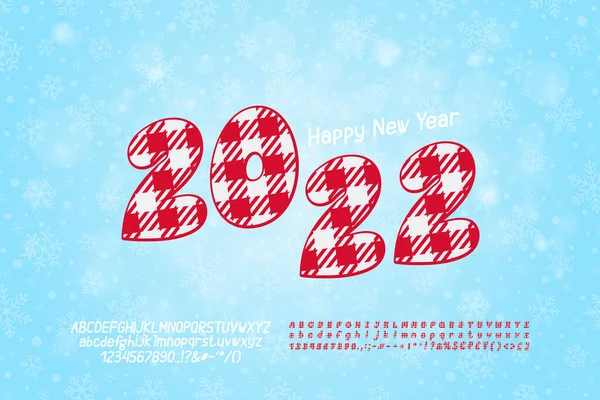 スタイリッシュなチラシ新年明けましておめでとうございます 白い雪片とライトブルーの背景に再生パターンを持つ漫画番号 2つのベクトルイタリックフォントセットが含まれています — ストックベクタ