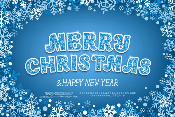 Weihnachtskarte Frohe Weihnachten Mit Blauweißem Schneeflocken Rahmen Und Kunstvoller Schrift — Stockvektor
