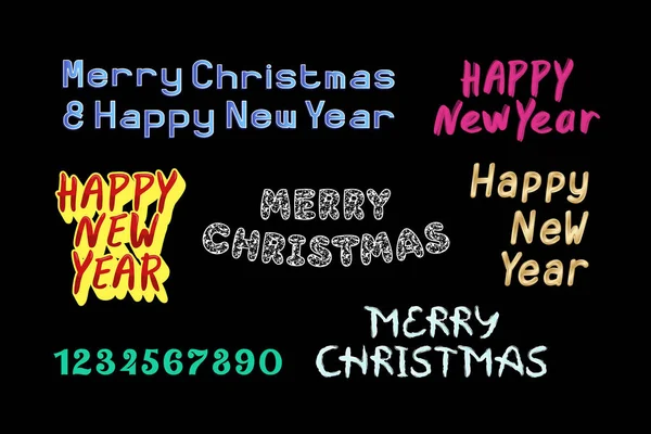 Colorful Set Phrases Merry Christmas Happy New Year Dark Background — Wektor stockowy