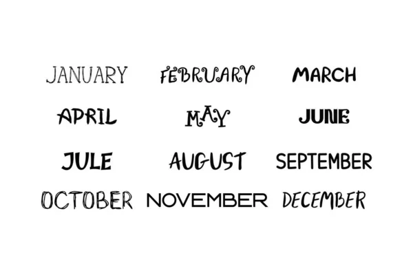 Icona set lettering testi in inglese 12 mesi l'anno per calendario, pianificatore, diario, biglietto di auguri. Nero su bianco — Vettoriale Stock