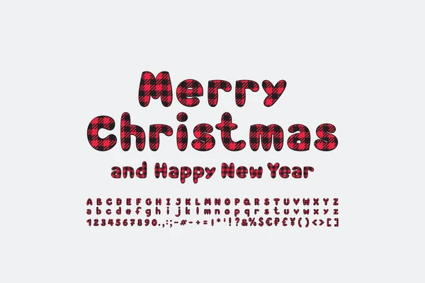 Stilvolle Grußkarte Frohe Weihnachten und ein gutes neues Jahr. Cartoon Bubble Alphabet mit rotem Karomuster auf weißem Hintergrund. Winterliche Dekoration — Stockvektor