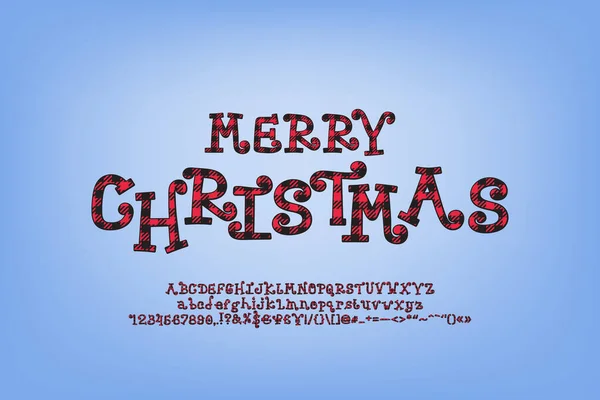 Trendiges Plakat Frohe Weihnachten. Lustige lockige Buchstaben mit rot kariertem Textilmuster auf blauem Hintergrund. Niedliche Buchstaben und Zahlen für die Weihnachtsdekoration — Stockvektor