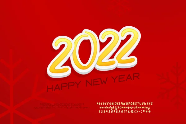 Red greeting card Happy New Year. Sticker style calendar date on red gradient background with snowflakes. Two vector fonts sets are included — Stock Vector