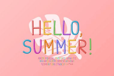 Parlak yaz tebrik kartı Merhaba pembe arka planda tropikal yaprak ve çok renkli yazı tipi ile yaz