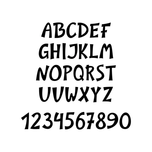 Cartoon Anglická abeceda a čísla černá barva izolované na bílém pozadí. Funny font set for t-shirt design, poster, písmo, banner, logotyp — Stockový vektor