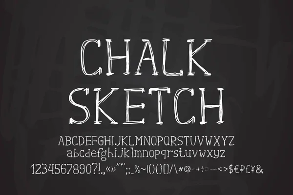 Sketch white serif font on dark blackboard background. Letras, números, maiúsculas e minúsculas originais, tiradas à mão — Vetor de Stock
