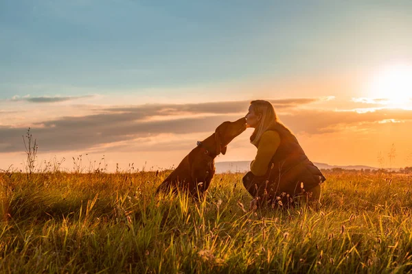 Mature Woman Her Beautiful Hungarian Vizsla Dog Love Friendship Background — Stock Photo, Image