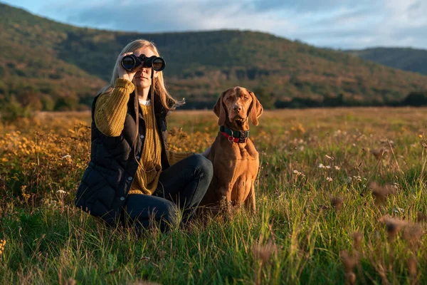 Ung Kvindelig Jæger Bruger Kikkert Til Fuglespotting Med Ungarere Vizsla - Stock-foto