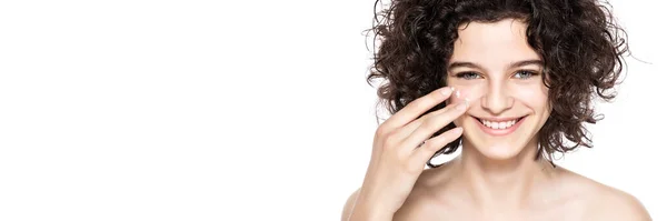 Teenager Skincare Banner Beautiful Teenage Girl Gorgeous Curly Hair Applying — Stock Photo, Image
