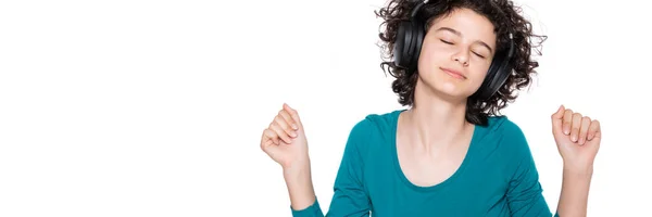 Young Teenage Girl Wearing Headphones Listening Dancing Music Isolated White — Stock Photo, Image