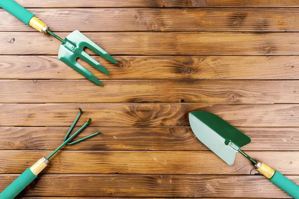 Gardening Tools Wooden Background Flat Lay — Stock fotografie