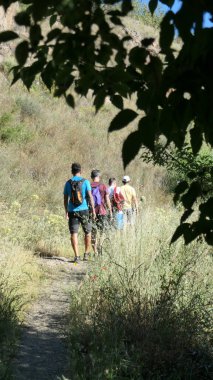 Alora, İspanya - 16 Mayıs 2021: Uzak ülke yolunda yürüyen bir grup arkadaş