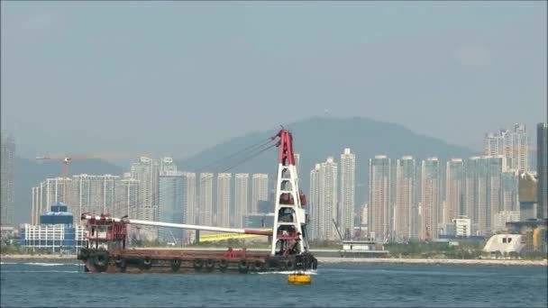 Dredger Puerto Victoria Barco Dredger Contra Kwloon Skyline Navegando Puerto — Vídeos de Stock