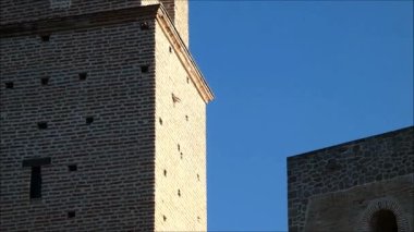 Kestrel nesting in square tower building. Kestrel nesting in square tower building at arabic castle in Andalusian village