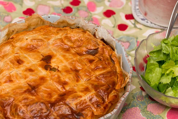 Torta Batata Assada Salada Uma Toalha Mesa Colorida — Fotografia de Stock