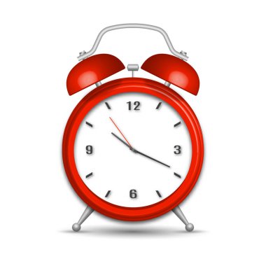 Beyaz arka planda gölgesi olan gerçekçi kırmızı alarm saati. 3B vektör illüstrasyonu.
