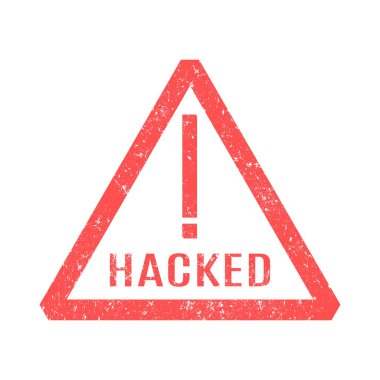 Hacklenmiş ikon, beyaz arka planda izole edilmiş üçgen bir kauçuk damga. Düz biçim, vektör illüstrasyonu.
