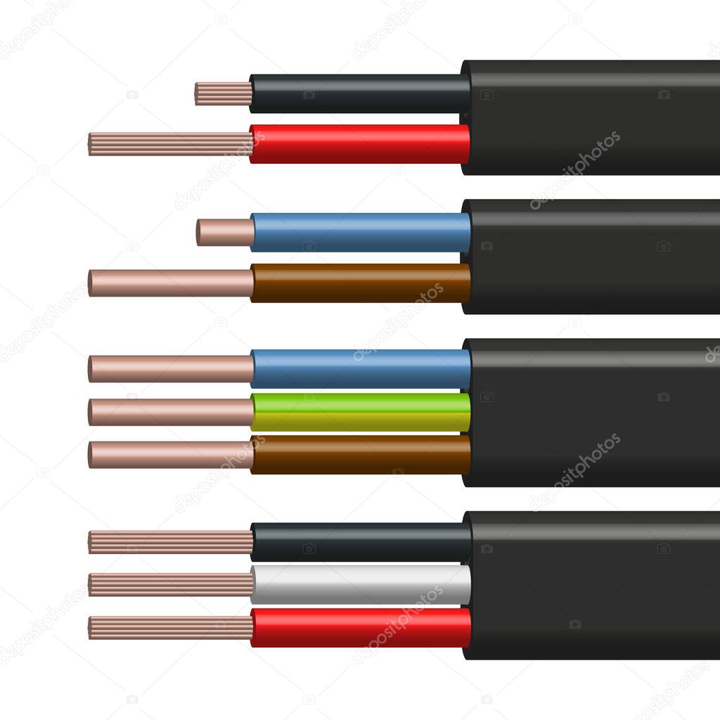 Flat cable with insulated copper conductors. 3D style, vector illustration.