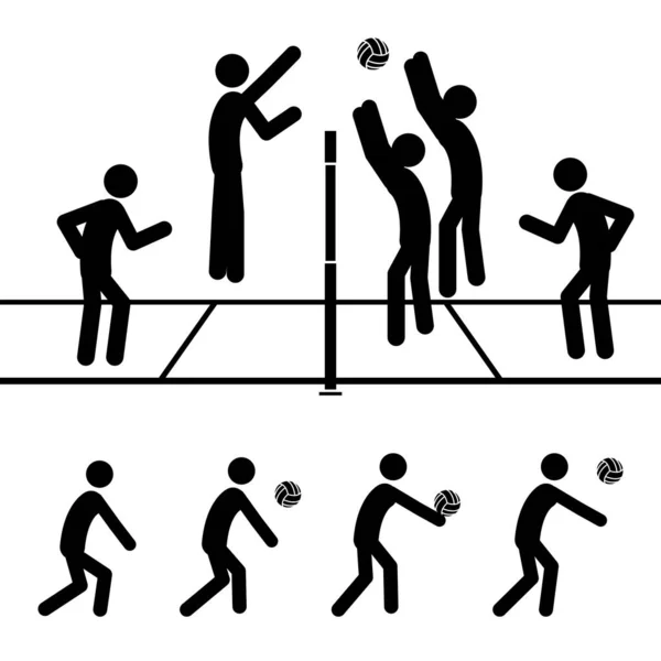 Set Stick Figures Playing Volleyball White Background Flat Style Vector — Archivo Imágenes Vectoriales