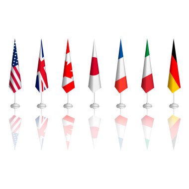 Büyük Yedili ülkelerinin bayrakları, beyaz arka planda izole edilmiş, vektör illüstrasyonu.