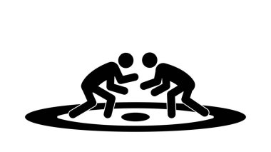 Stick figures of wrestlers in a rack on a carpet, flat vector illustration.