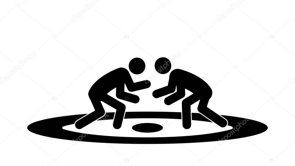 Stick figures of wrestlers in a rack on a carpet, flat vector illustration.