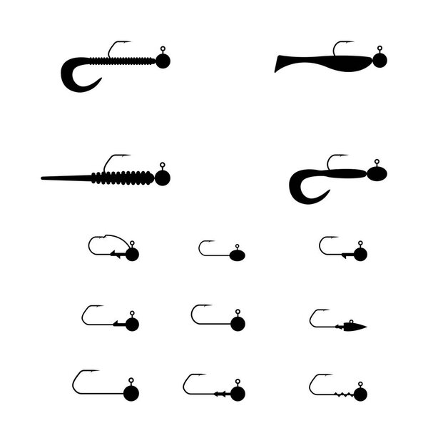 Fishing rigs of silicone lures on a jig head. Black silhouettes on a white background, vector illustration.