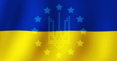 Waving, fabric flag with national symbols of the European Union and Ukraine, 4K animation.