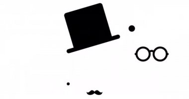 Male face with mustache, glasses and top hat, gentleman style. Flat, black and white 4K animation.