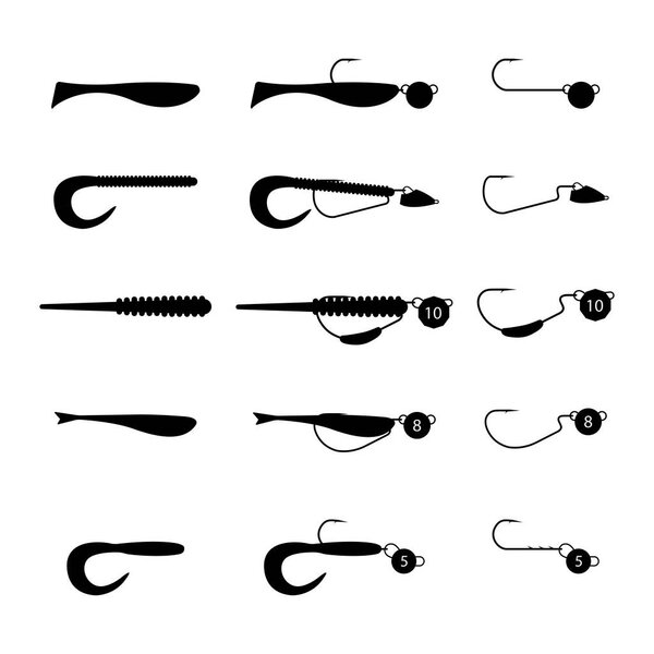 Articulated rigs of fishing silicone lures. Black silhouettes on a white background, vector illustration.