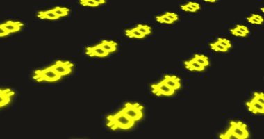 Koyu arkaplanda parlayan kripto para birimi sembolleri, 4K animasyon.