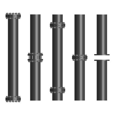Set of steel pipes with connecting flanges, 3D vector illustration.