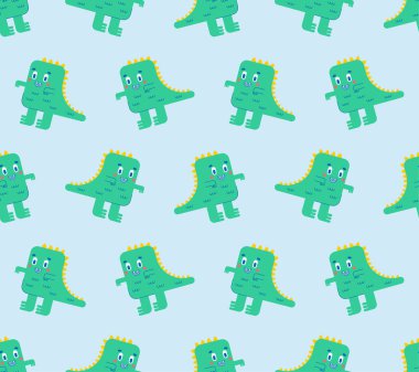 Şirin dinozor tyrannosaurus deseni pürüzsüz. Dino t-rex karikatürü. Bebek kumaşı dokusu