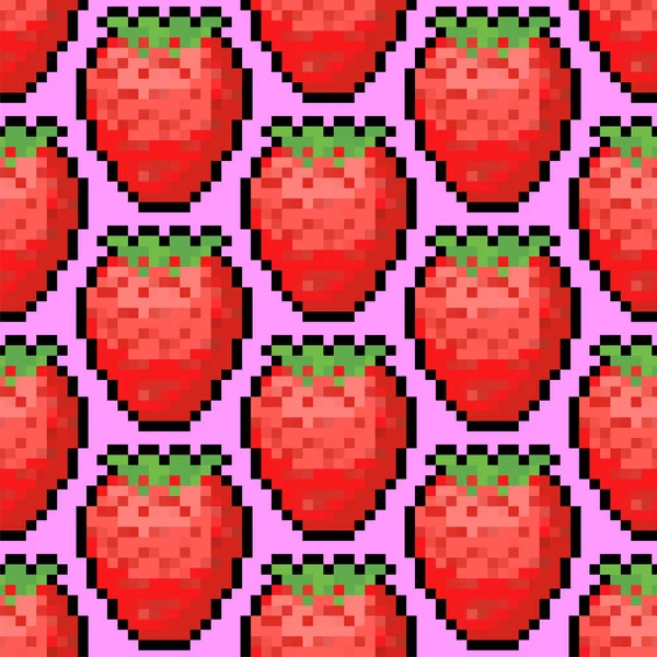 Jordgubbens Pixelkonstmönster Sömlöst Bit Red Berry Pixelated Bakgrund — Stock vektor