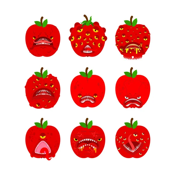 Set Mutanti Ogm Mostro Apple Frutta Arrabbiata Con Denti Fame — Vettoriale Stock