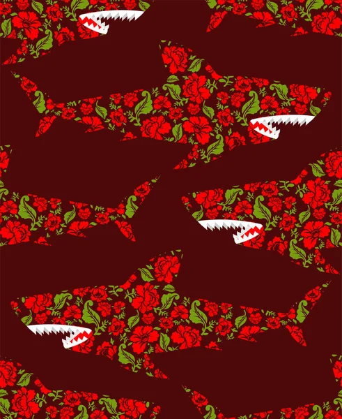 花のサメのパターンシームレス 花を背景にした海洋捕食者 ベクトルテクスチャ — ストックベクタ