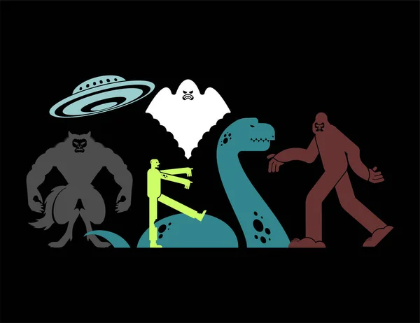超常現象のモンスターセット 狼とゾンビだ Ufoとイエティ ロック ネスの怪物と幽霊 — ストックベクタ