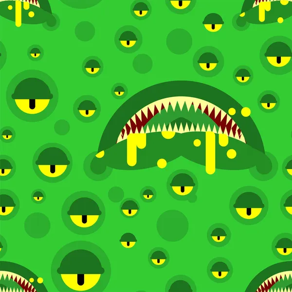 モンスターフェイスパターンシームレス 緑の怪物の歯と顎の背景 — ストックベクタ
