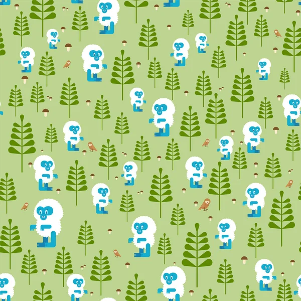 森のパターンでかわいいイエティシームレスに 大きな足の漫画の背景 ベビー生地の質感 — ストックベクタ